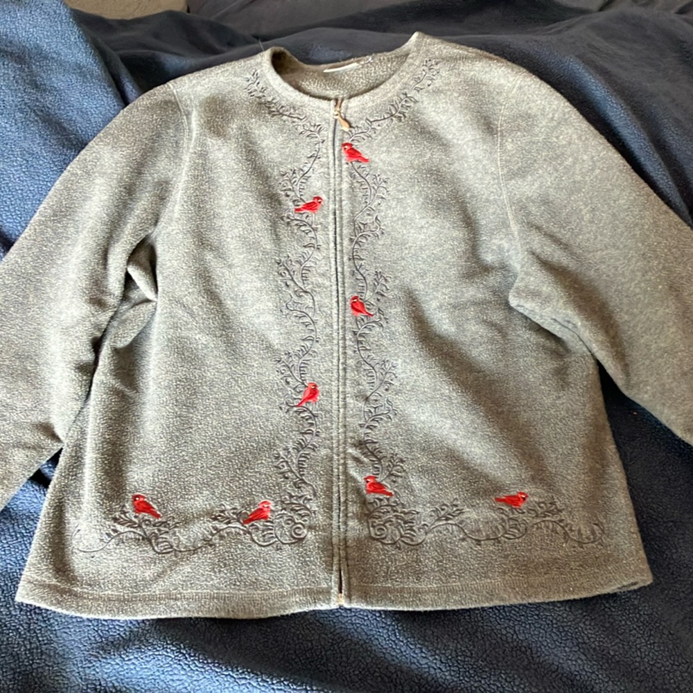 Croft & Barrow Gray and Red Cardigan with Embroidery